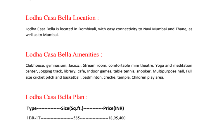 Lodha Casa Bella Gold 9999998663, Lodha Casa Bella Gold, Lodha Casa Bella Gold