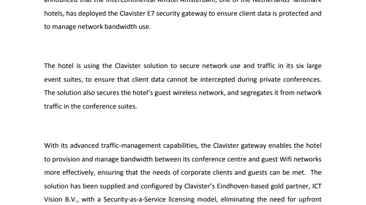 InterContinental Amstel Amsterdam Hotel Protects Clients’ Information Using Clavister Gateway