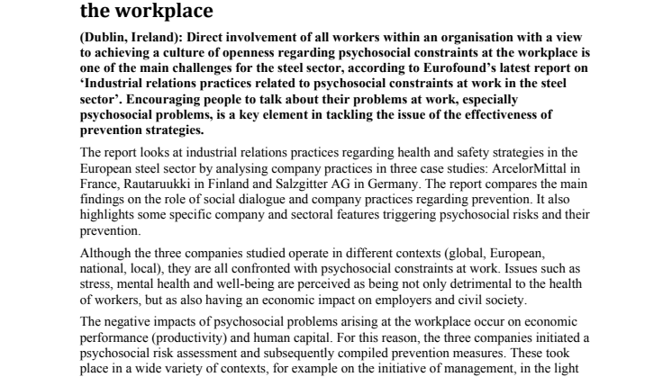 Positive effects of steel workers’ direct participation in managing health, safety and psychosocial risks at the workplace