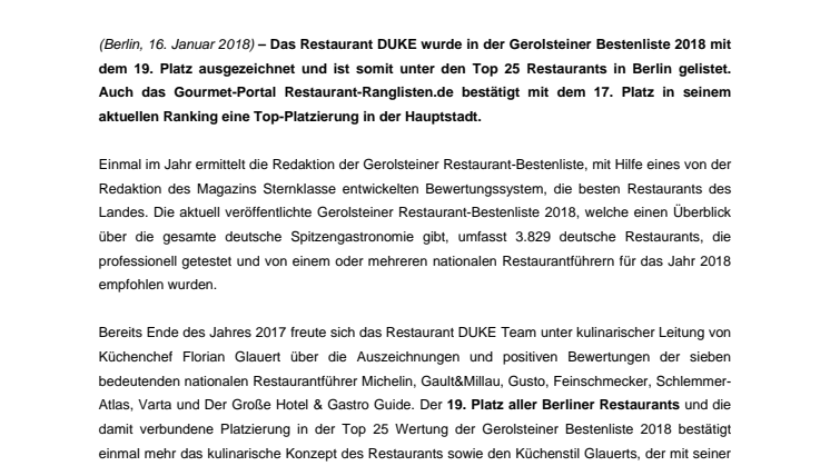 Restaurant DUKE zählt zu den Top 20 Restaurants in Berlin