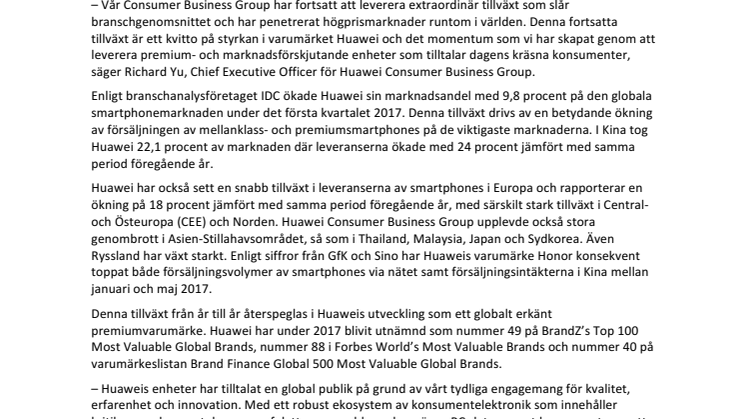 Huawei Consumer Business Group offentliggör resultatet för första halvåret 2017