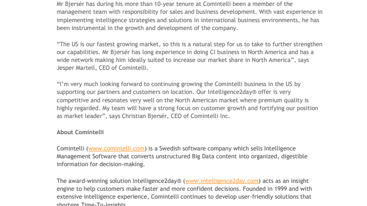 Comintelli establishes US headquarters in Chicago and appoints Christian Bjersér as CEO of Comintelli Inc to increase its market share for Competitive Intelligence software