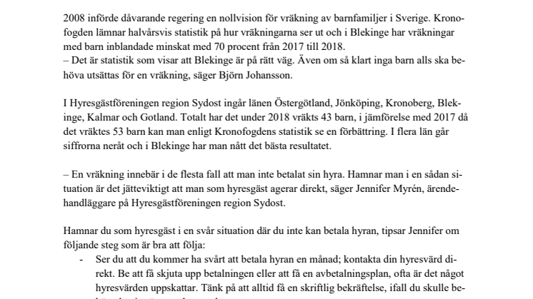 ​Färre barn vräks i Blekinge