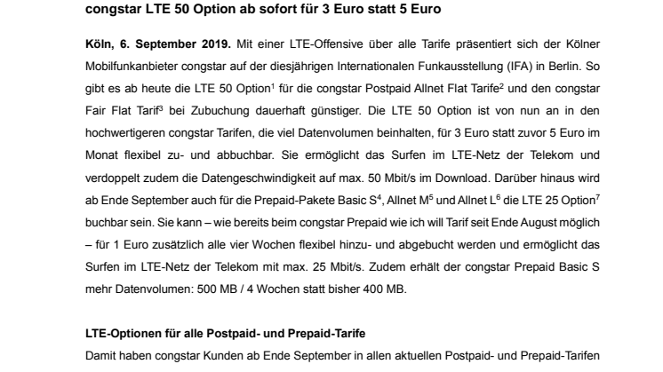 IFA 2019: congstar LTE Option demnächst auf Wunsch für alle neuen Tarife