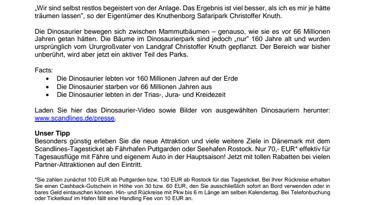 Scandlines gratuliert dem Knuthenborg Safaripark zum neuen Dinosaurier-Wald