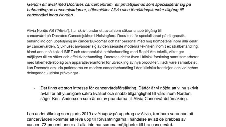 Alivia skriver avtal med Docrates för specialistvård inom cancer