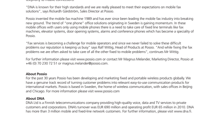 Finnish mobile operator DNA chose Possio for mobile fax