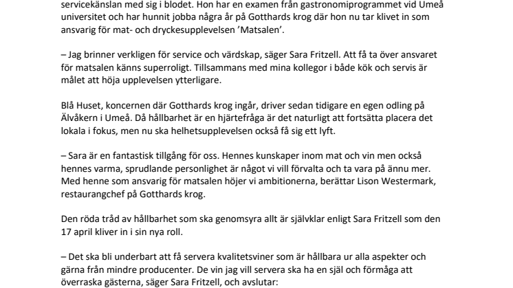 Ny ansvarig på Gotthards Krogs:  ”Ska ta upplevelsen i matsalen till nästa nivå”