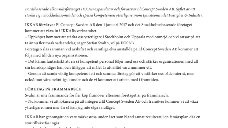 Boråsbaserade elkonsultsföretaget IKKAB expanderar och förvärvar El Concept Sweden AB