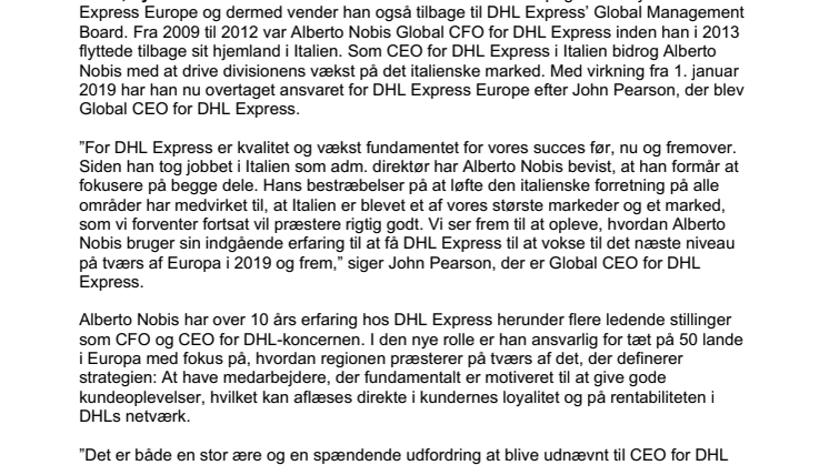 DHL indsætter Alberto Nobis som ny CEO for DHL Express Europe
