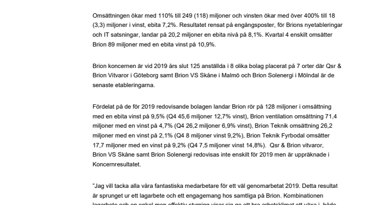 Brion Installation & Service Preliminärt Bokslut 2019!