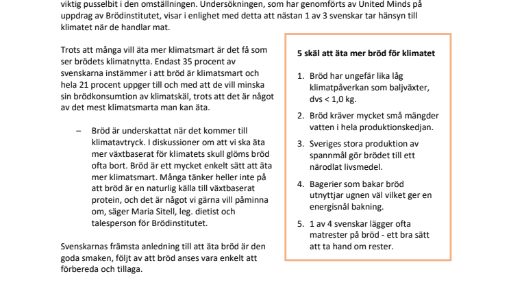 Stor okunskap bland svenskarna om brödets klimatnytta 
