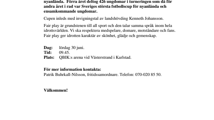 Pressinbjudan: Fair Play Cup 30 juni