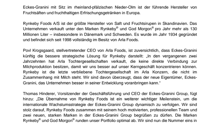 Arla verkauft Rynkeby Foods A/S an die Eckes-Granini Group