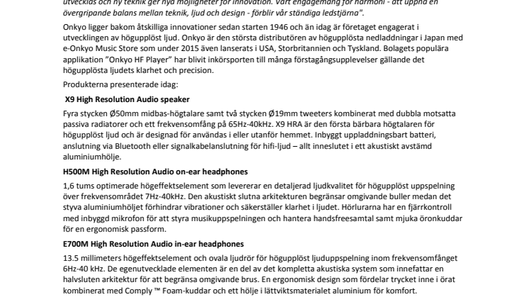 Onkyo inför högupplöst ljud i högtalare och hörlurar på IFA 2015