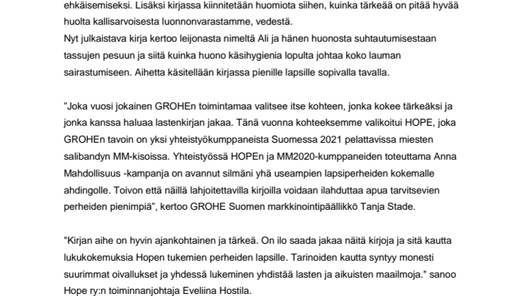 GROHE lahjoittaa lastenkirjoja Hopelle