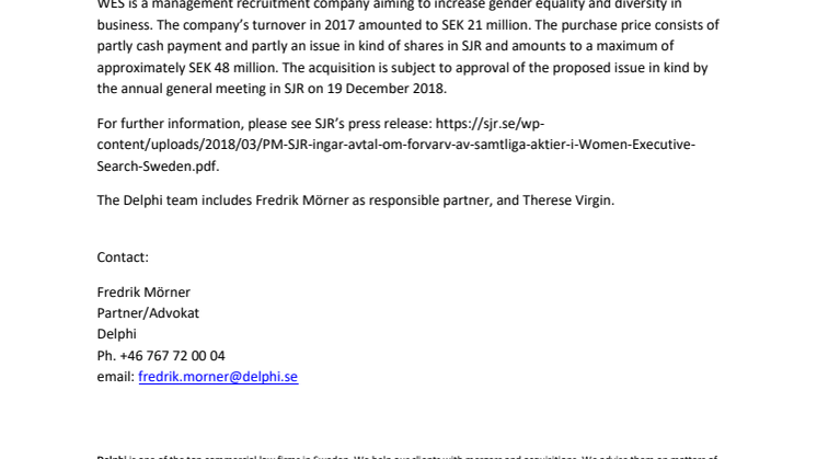 Delphi advisor to SJR in the acquisition of Women Executive Search AB