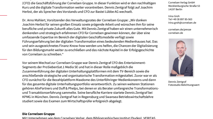 ​Dennis Zentgraf wird neuer Chief Financial Officer (CFO) der Cornelsen Gruppe