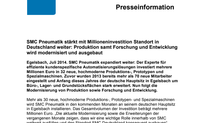 SMC Pneumatik stärkt mit Millioneninvestition Standort in Deutschland