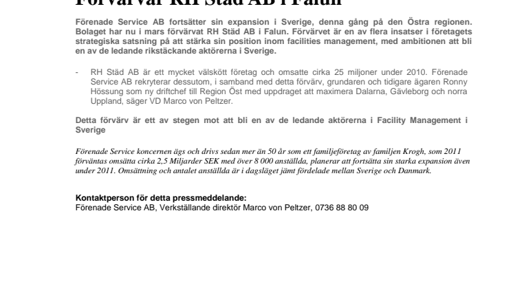 Förenade Service AB förvärvar RH Städ AB i Falun