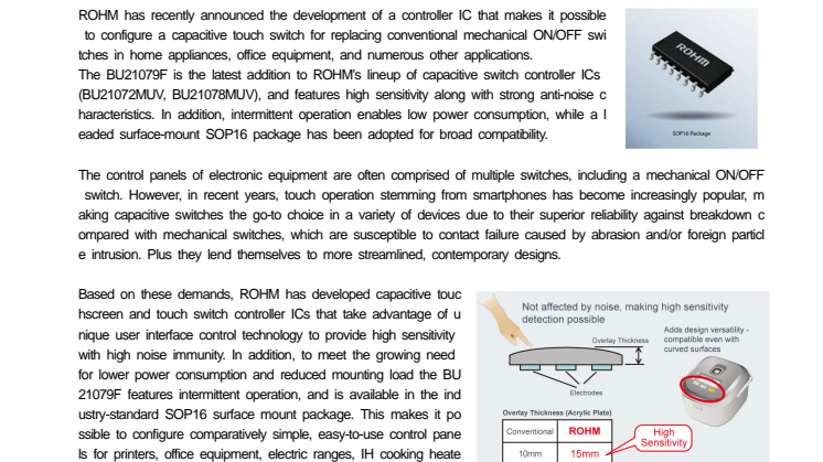 High Sensitivity Capacitive Switch Controller with Superior Anti-Noise Characteristics: Easily add touch switch functionality for smart home appliances