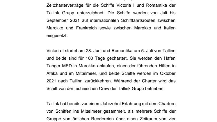 Tallink Grupp chartert bis Oktober die Schiffe Victoria I und Romantika nach Marokko