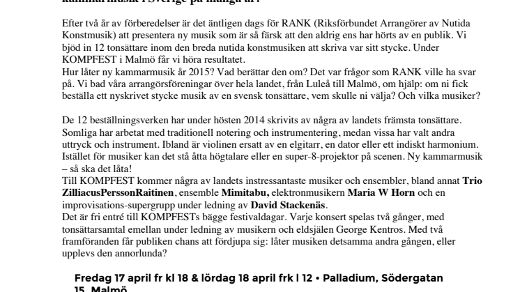 KOMPFEST PÅ PALLADIUM 17-18 APRIL 12 URUPPFÖRANDEN, 12 TONSÄTTARE, 12 ENSEMBLER