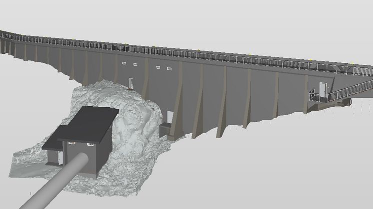 Multiconsult leverer ingen fysiske tegninger i damrehabiliteringsprosjektet for NTE Energi AS, kun digitale modeller. Her modell av dam Holden | Illustrasjon: Multiconsult
