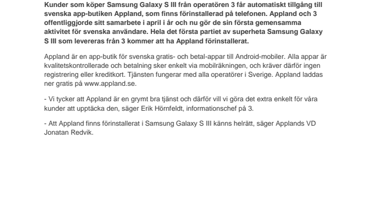 App-butiken Appland förinstalleras i Samsung Galaxy S III från operatören 3