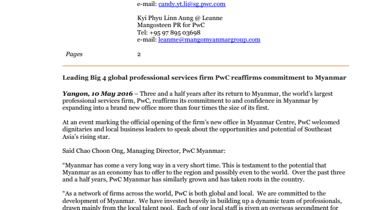 Leading Big 4 global professional services firm PwC reaffirms commitment to Myanmar