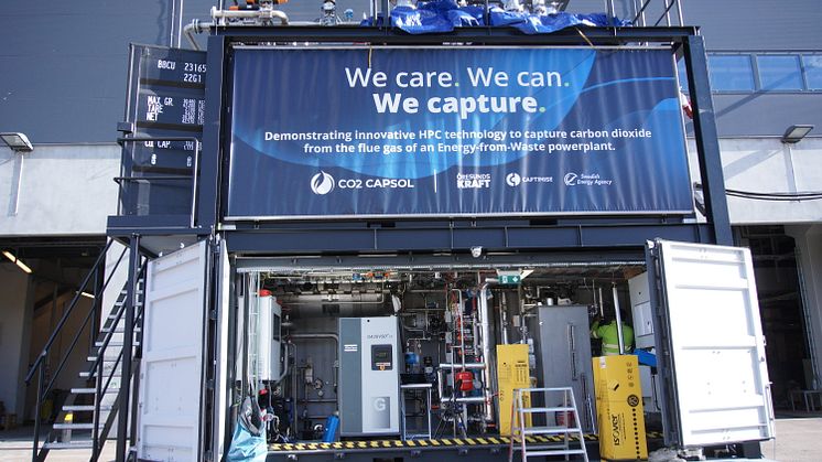 The mobile carbon capture demonstration unit from CO2Capsol at the Filbornaverket EfW plant in Helsingborg. (Photo: Öresundskraft)