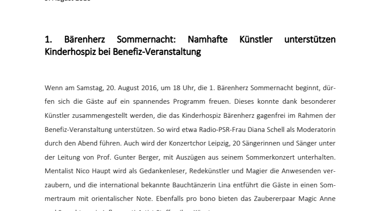 1. Bärenherz Sommernacht: Namhafte Künstler unterstützen  Kinderhospiz bei Benefiz-Veranstaltung