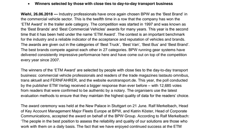 BPW crowned ‘Best Brand’ for the twelfth time in a row