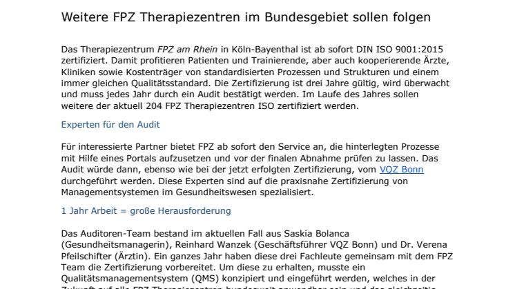 Köln: FPZ Therapiezentrum am Rhein erhält ISO-Zertifizierung für FPZ RückenTherapie - Weitere FPZ Therapiezentren im Bundesgebiet sollen folgen