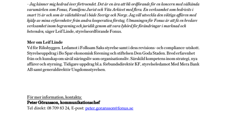 Ny styrelseordförande i Fonuskoncernen