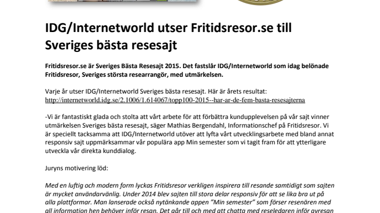 IDG/Internetworld utser Fritidsresor.se till Sveriges bästa resesajt 