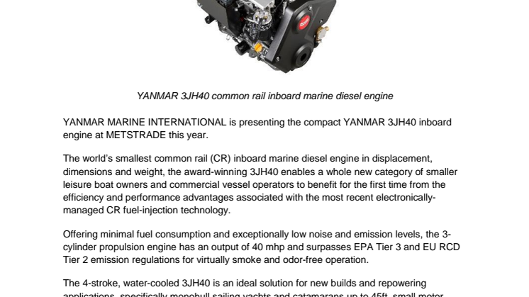 YANMAR Presents the 3JH40 as the World’s Smallest Common Rail Inboard Marine Diesel Engine in Displacement, Dimensions and Weight