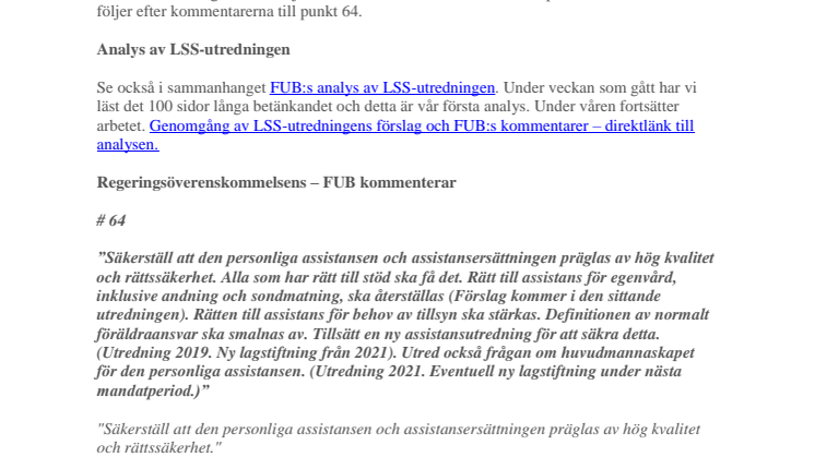 FUB kommenterar valda punkter ur regeringsöverenskommelsen januari 2019