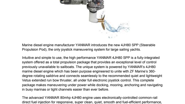 YANMAR Introduces New High Performance 4JH80 SPP  – the World’s Only Steerable Propulsion System for Sail Yachts