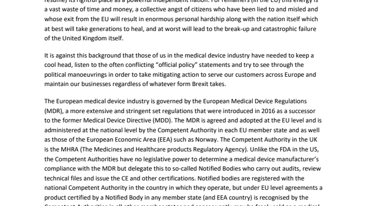Brexit and the effect on the UK medical device industry - How one company has dealt with the challenge