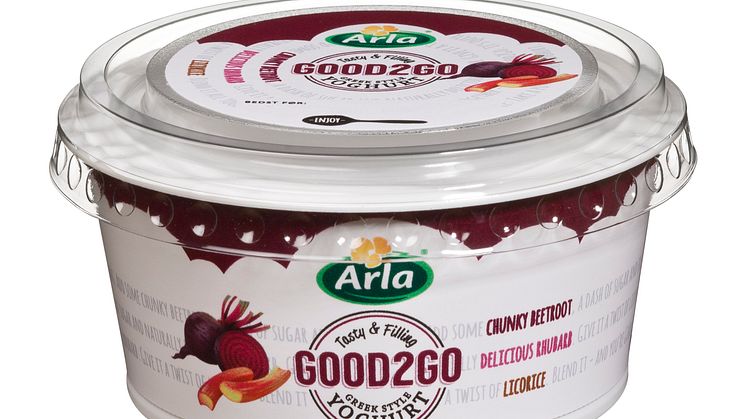 Good2Go yoghurt med rødbede, rabarber og lakrids
