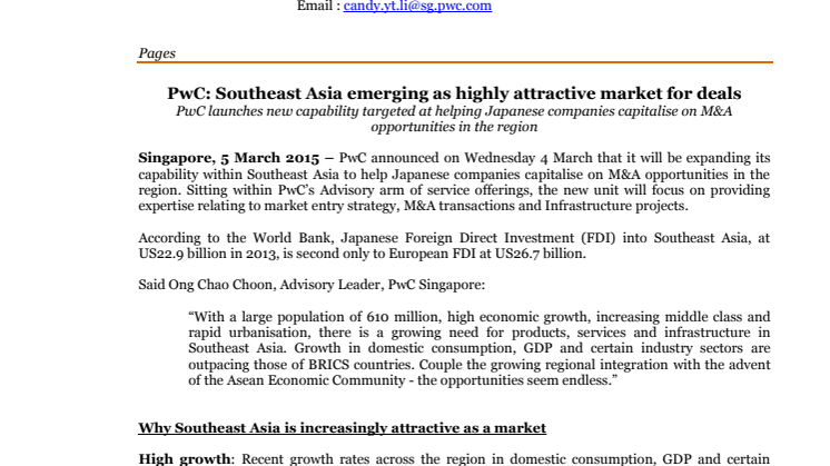 PwC: Southeast Asia emerging as highly attractive market for deals