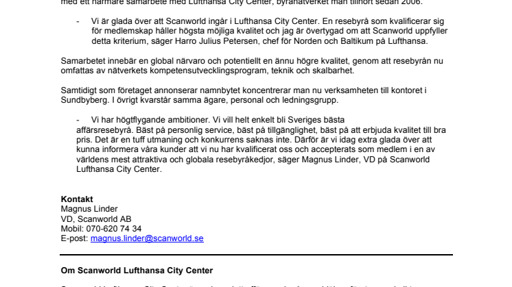 Affärsresebyrån Scanworld blir Scanworld Lufthansa City Center