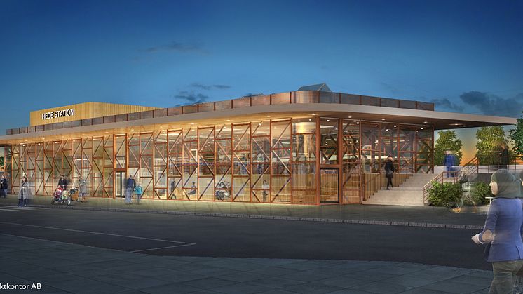 Hede stationshus ska lysa som en lykta i vintermörkret och vara ett väl synligt landmärke. Illustration: ABAKO arkitektkontor AB.
