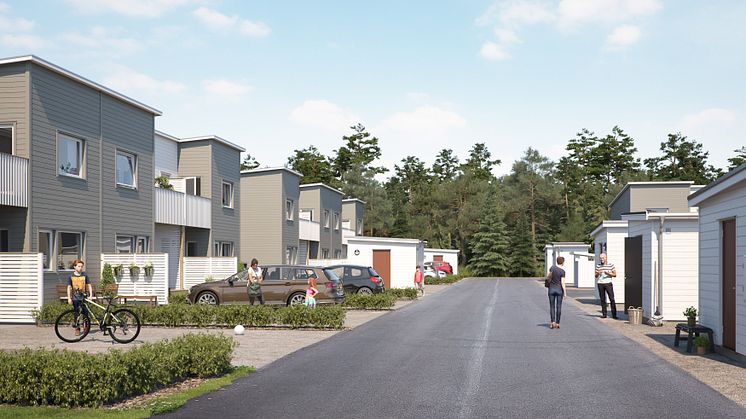 Illustration av entrésida mot lugn gata, radhus i BoKlok Fritiden, Lindbacka. 