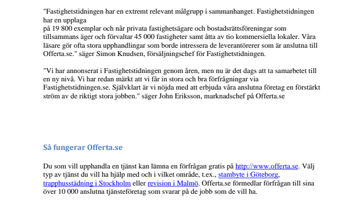 Offerta.se inleder samarbete med Fastighetstidningen