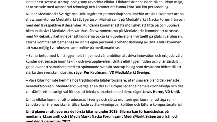 MediaMarkt inleder partnerskap med svenska elbilstillverkaren Uniti