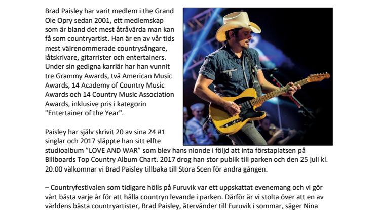 Countrykungen Brad Paisley återvänder till Furuvik
