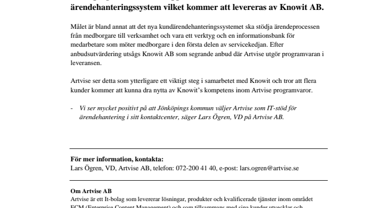 Artvise levererar kundärendehanteringssystem till Jönköpings kommun!