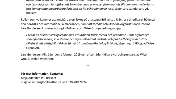 Lars Gundersen ny vd för Brilliant Future